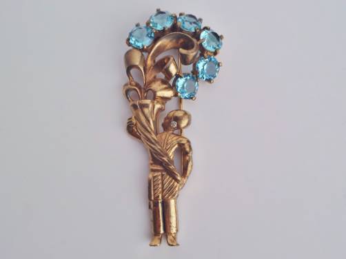 Eisenberg original vintage fur clip with Egyptian, aqua blue rhinestones, 1930s ca, American